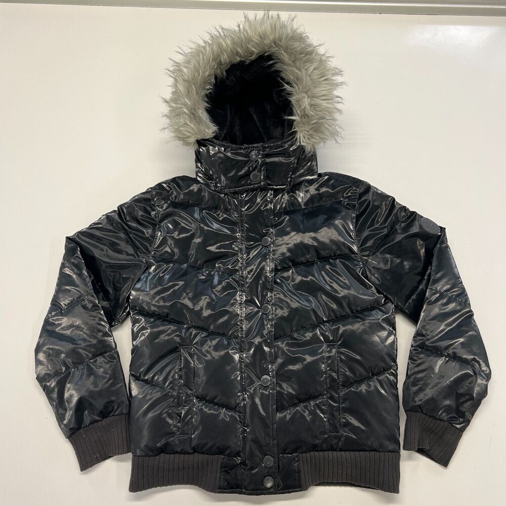 Abercrombie & Fitch Puffer Jacket Fur Hood Glossy Black Kids XL 11/12